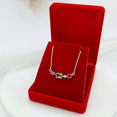 Gargantilha Banhado a Ouro Com Pedras Coloridas Bijou Art