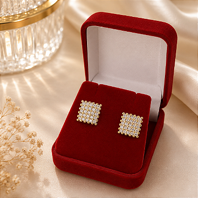Brinco Banhado a Ouro Quadrado Com Zircônias Bijou Art