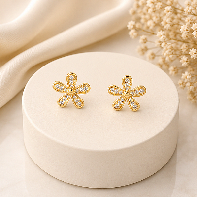 Brinco Banhado a Ouro De Flor Com Zircônia Bijou Art