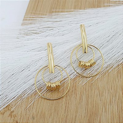 Brinco Banhado a Ouro Pendurado Com Argolas Bijou Art