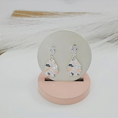 Brinco Banhado a Prata Pendurado Com Pedra e Chapa Bijou Art