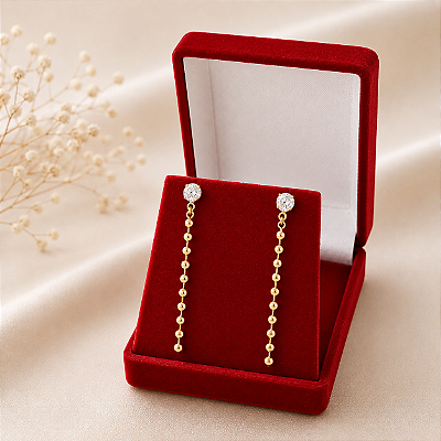 Brinco Banhado a Ouro Pendurado Com Zircônia e Corrente De Bolinha Bijou Art