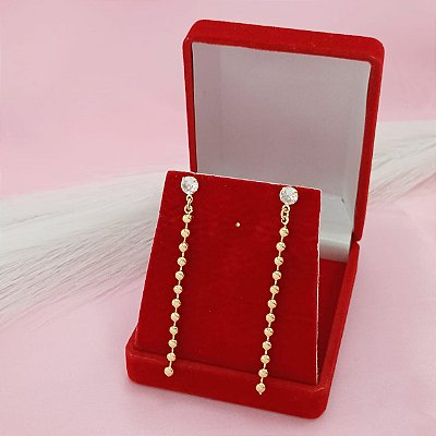 Brinco Banhado a Ouro Pendurado Com Zircônia e Corrente De Bolinha Bijou Art
