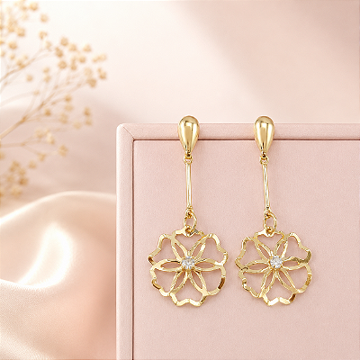 Brinco Banhado a Ouro Pendurado de Flor Com Zircônia Bijou Art
