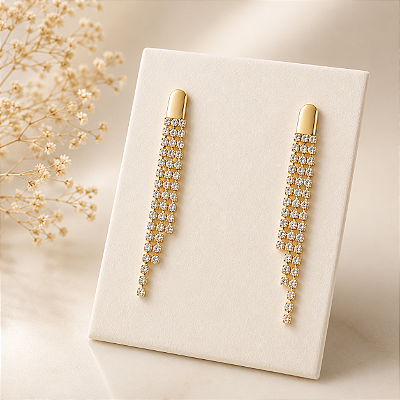 Brinco Banhado a Ouro Pendurado 3 Fileiras Com Pedras Bijou Art