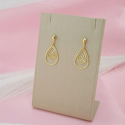 Brinco Banhado a Ouro Pendurado de Gota Com Flor Bijou Art