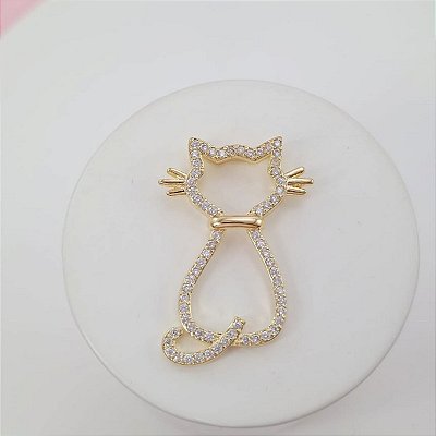 Pingente Banhado a Ouro 18K Gato Com Pedras Bijou Art