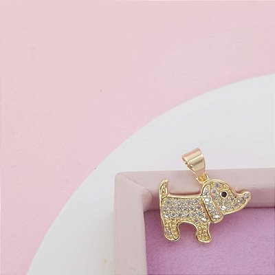 Pingente Banhado a Ouro 18K De Cachorrinho Com Pedras Bijou Art