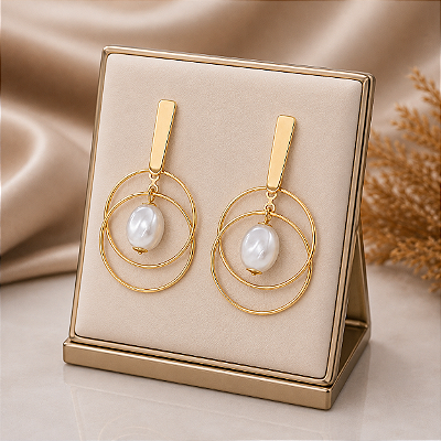 Brinco De Pérola Banhado a Ouro 18K Feminino Redondo Pendurado Bijou Art
