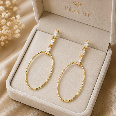 Brinco Banhado a Ouro 18K Pendurado Aro e Pedras Bijou Art