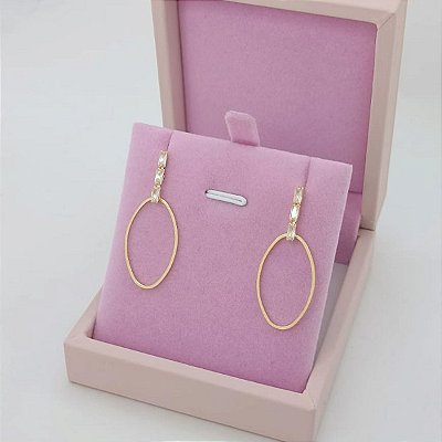 Brinco Banhado a Ouro 18K Pendurado Aro e Pedras Bijou Art