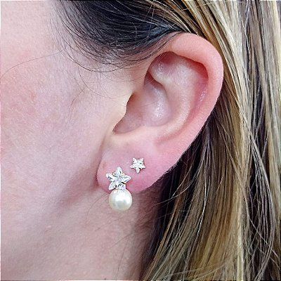 Brinco De Pérola Banhado a Ouro 18K Base De Estrela Bijou Art