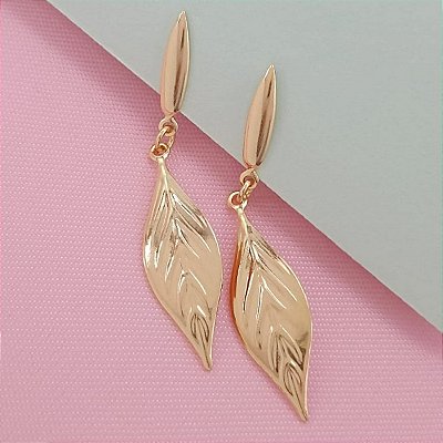 Brinco Banhado a Ouro Pendurado De Folha Lisa Bijou Art