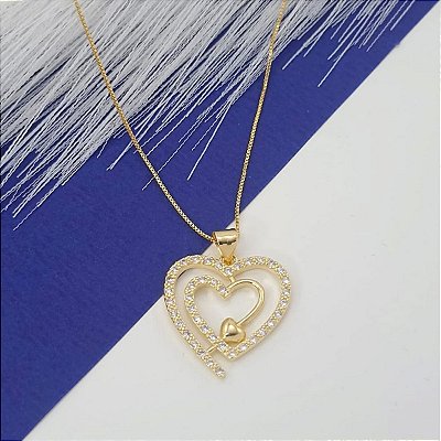 Pingente Feminino De Coração Banhado a Ouro 18K Com Zircônias Bijou Art