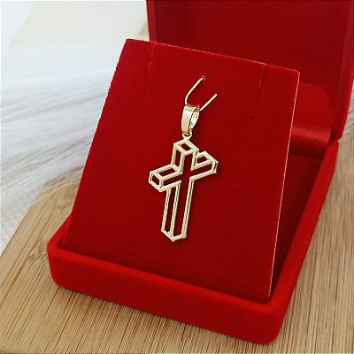 Pingente Banhado a Ouro De Cruz 3D Vazado Bijou Art
