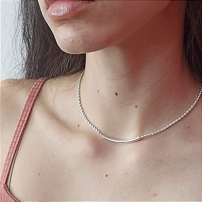 Gargantilha Banhada a Prata Elo Cordão Baiano Com Tubo Liso Bijou Art