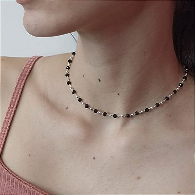 Gargantilha Banhada a Prata Com Missangas Pretas Bijou Art