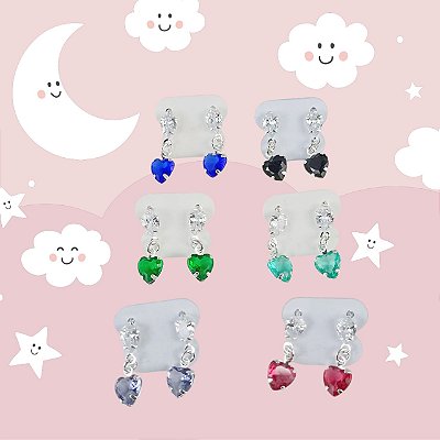 Brinco Infantil Banhado a Prata Pendurado Com Coração Colorido Bijou Art