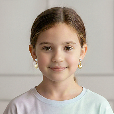 Brinco Infantil Banhado a Ouro Pendurado Com Coração e Pedra Colorida Bijou Art