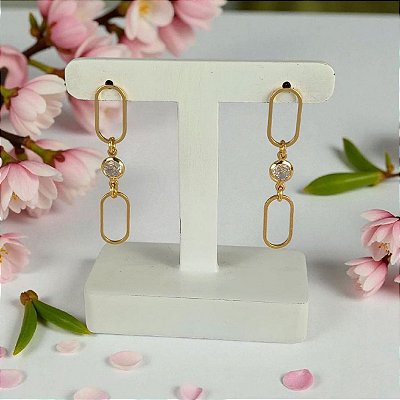 Brinco Pendurado Banhado a Ouro De Aros Ovais Com Zircônia Bijou Art