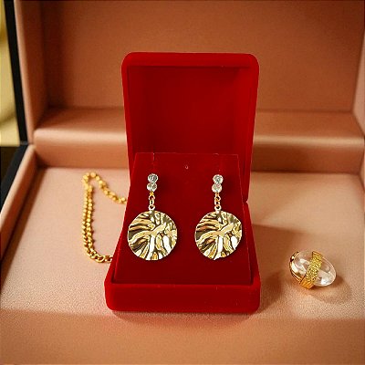 Brinco Pendurado Banhado a Ouro De Chapa Redonda Com Zircônia