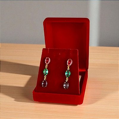 Brinco Pendurado Banhado a Ouro Com Pedras Coloridas Bijou Art