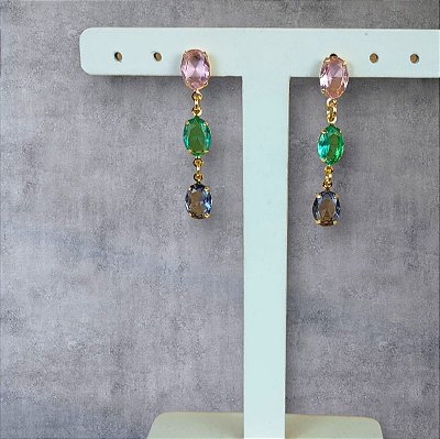 Brinco Pendurado Banhado a Ouro Com Pedras Coloridas Bijou Art