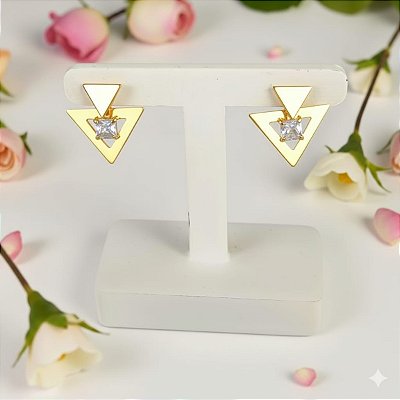 Brinco Pendurado Banhado a Ouro Com Triangulo Liso Com Pedra Bijou Art