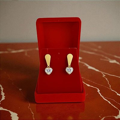 Brinco Pendurado Banhado a Ouro De Pedra Coração Zircônia Bijou Art