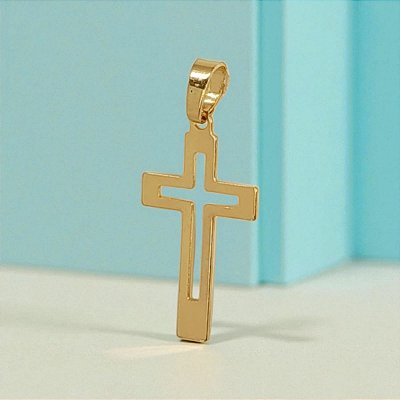 Pingente Banhado a Ouro De Cruz Lisa Vazada Bijou Art