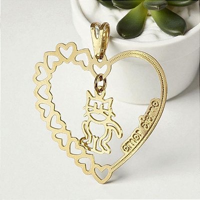 Pingente Aro de Corações "Amor Eterno" e Gatinho Banhado a Ouro