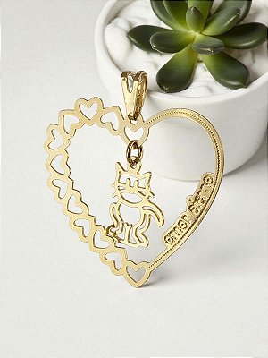 Pingente Aro de Corações "Amor Eterno" e Gatinho Banhado a Ouro
