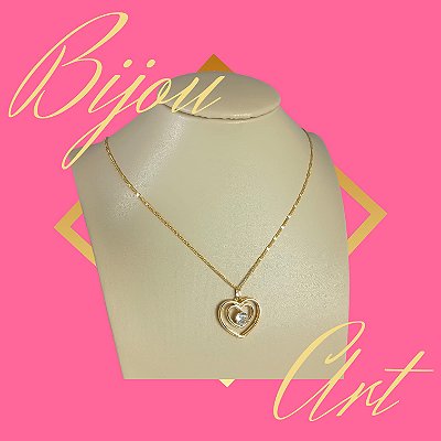 Gargantilha Banhada a Ouro Coração de Duplo Com Pedra Bijou Art