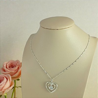 Gargantilha Banhada a Prata Coração de Duplo Com Pedra Bijou Art