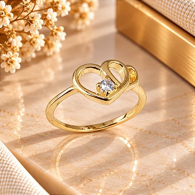 Anel Dois Corações Banhado a Ouro com Zircônia Feminino Bijou Art