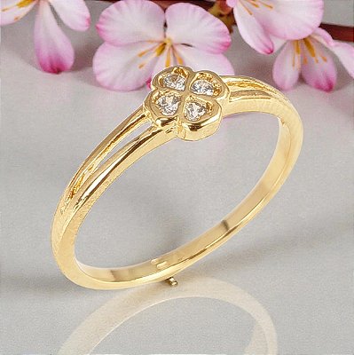 Anel Banhado a Ouro Aro Médio Meio Vazado Com Trevo E Pedras Bijou Art