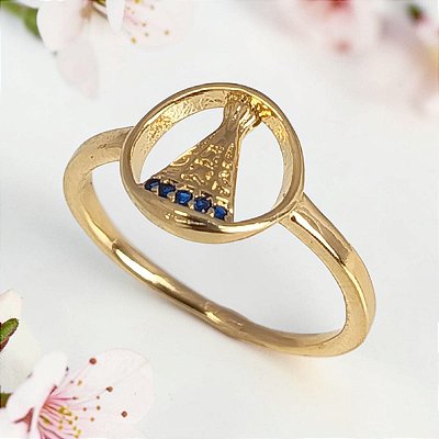 Anel Banhado a Ouro De Nossa Senhora Com Zircônia Azul Bijou Art