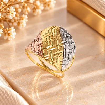 Anel Banhado a Ouro De 3 Cores Com Chapa Diamantada Bijou Art