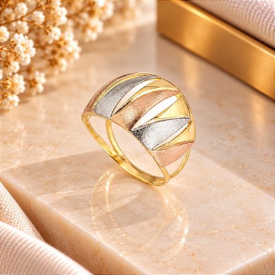 Anel Banhado a Ouro De 3 Cores Liso Com Detalhes em "v" Bijou Art