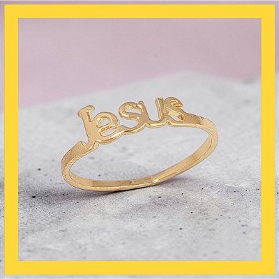 Anel Banhado a Ouro Aro Fino Escrito Jesus Bijou Art