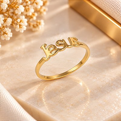 Anel Banhado a Ouro Aro Fino Escrito Jesus Bijou Art