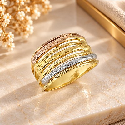 Anel Banhado a Ouro De Aro Largo de 3 Cores Bijou Art