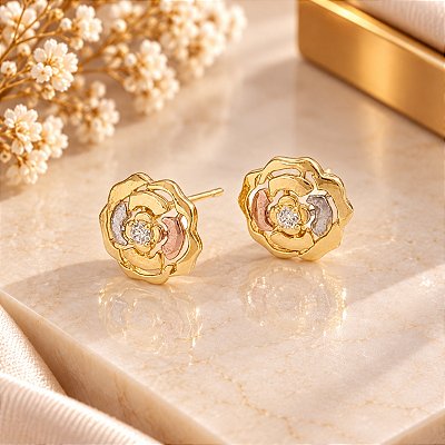 Brinco Banhado a Ouro De 3 Cores De Flor Com Zircônia Bijou Art
