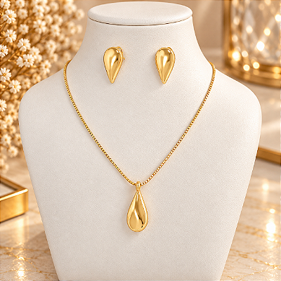 Conjunto Banhado a Ouro De Gota Lisa Bijou Art