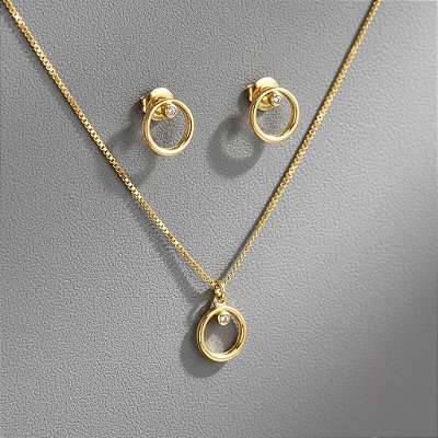 Conjunto Banhado a Ouro Aro Liso Com Mini Zircônia Bijou Art