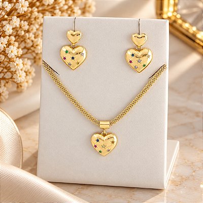 Conjunto Banhado a Ouro De Coração Com Mini Zircônias Bijou Art