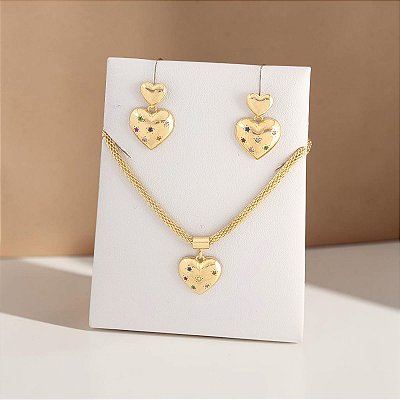 Conjunto Banhado a Ouro De Coração Com Mini Zircônias Bijou Art