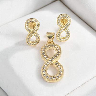 Conjunto Banhado a Ouro (Brinco e Pingente) Infinito Com Mini Zircônias
