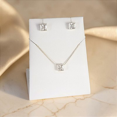 Conjunto Banhado a Prata Ponto De Luz Quadrado Bijou Art