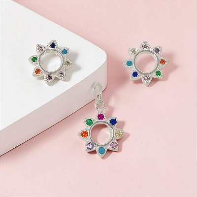 Conjunto De Prata (Brinco E Pingente) De Sol Com Zircônias Coloridas Bijou Art